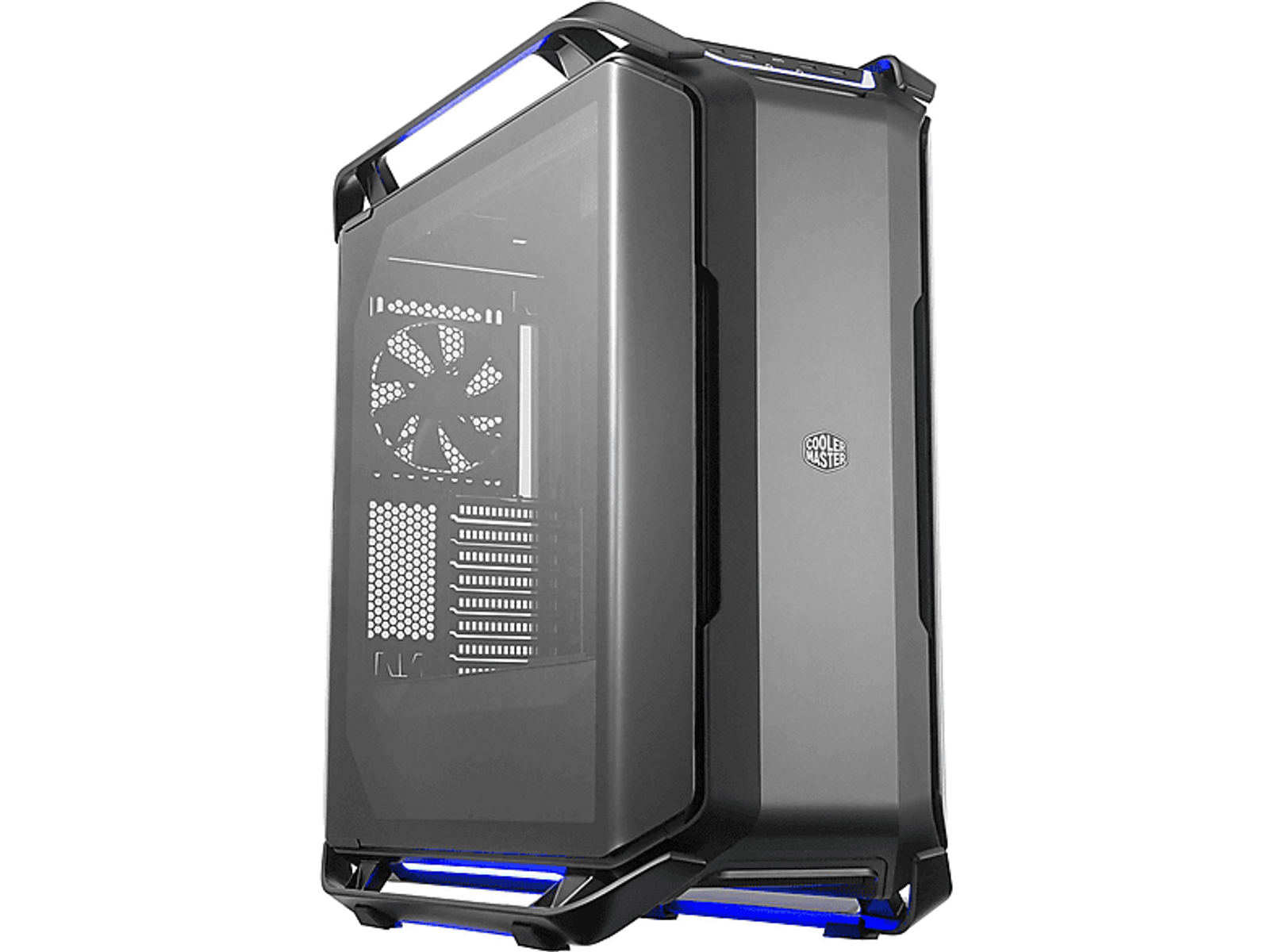 Czarna i szara obudowa komputera ze szklanym panelem bocznym. Niebieskie światła LED na dole i u góry. Logo Cooler Master jest widoczne.