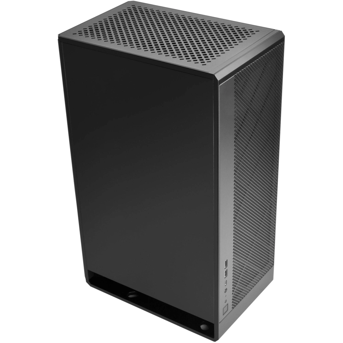 Ein schwarzes Computergehäuse mit Lüftungslöchern an der Oberseite und an der Seite. Das Gehäuse ist hoch und schmal.