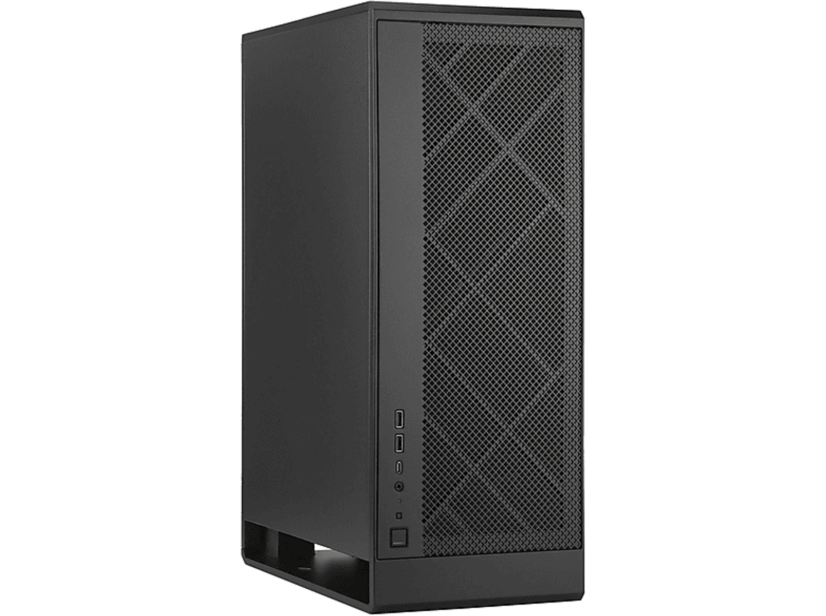 Schwarzes Computergehäuse mit Mesh-Front und Anschlüssen. Strom- und USB-Anschlüsse sichtbar.