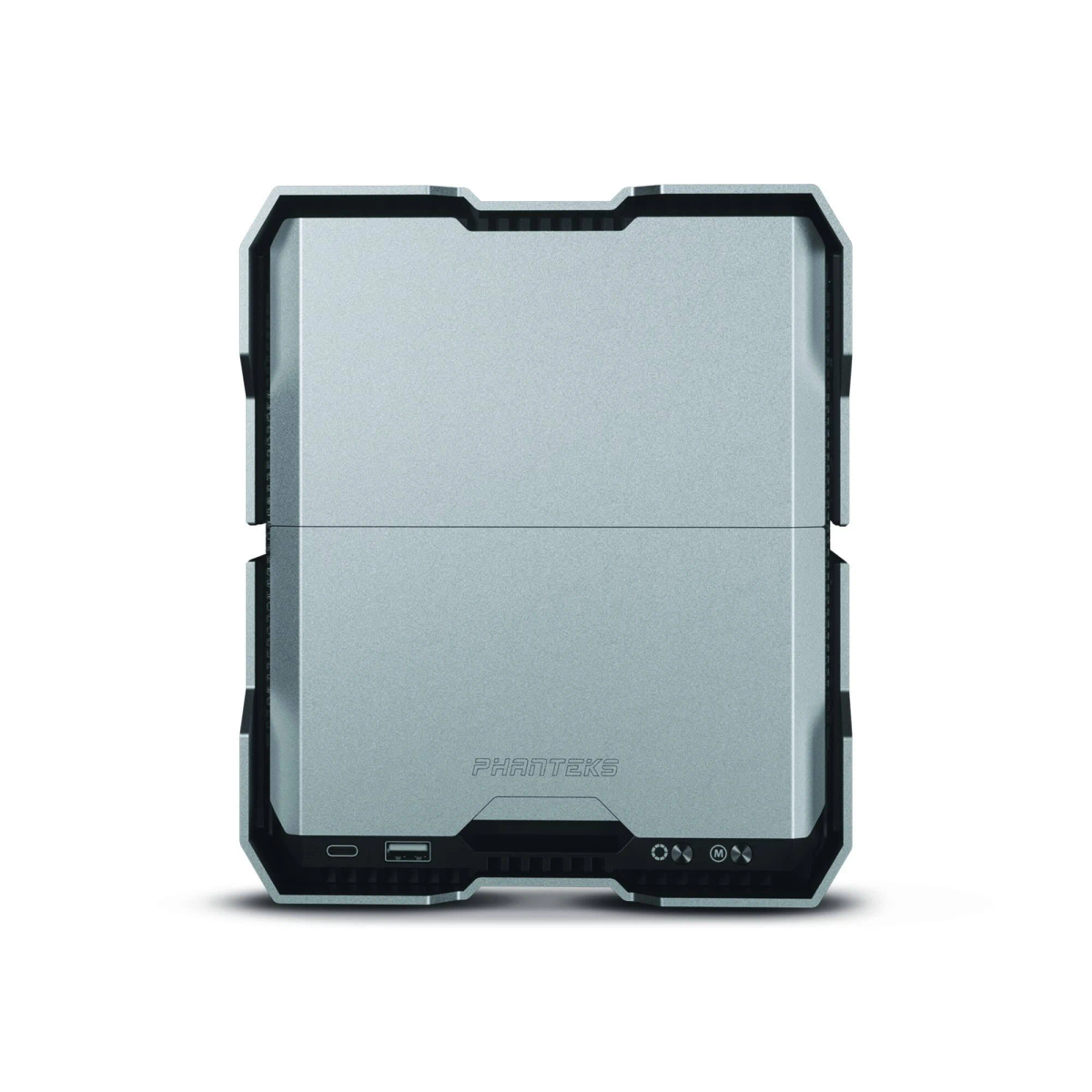 Case per computer Phanteks argento con design rettangolare. Porte e pulsanti sul davanti.