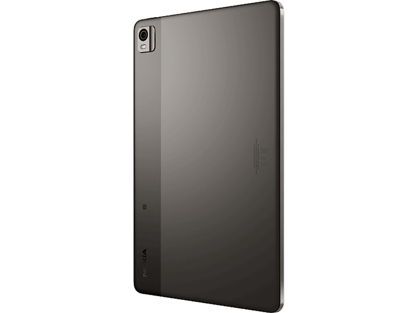 Tablet mit grauem Rücken. Kamera und Nokia-Logo sind sichtbar. Der Hintergrund ist schwarz.