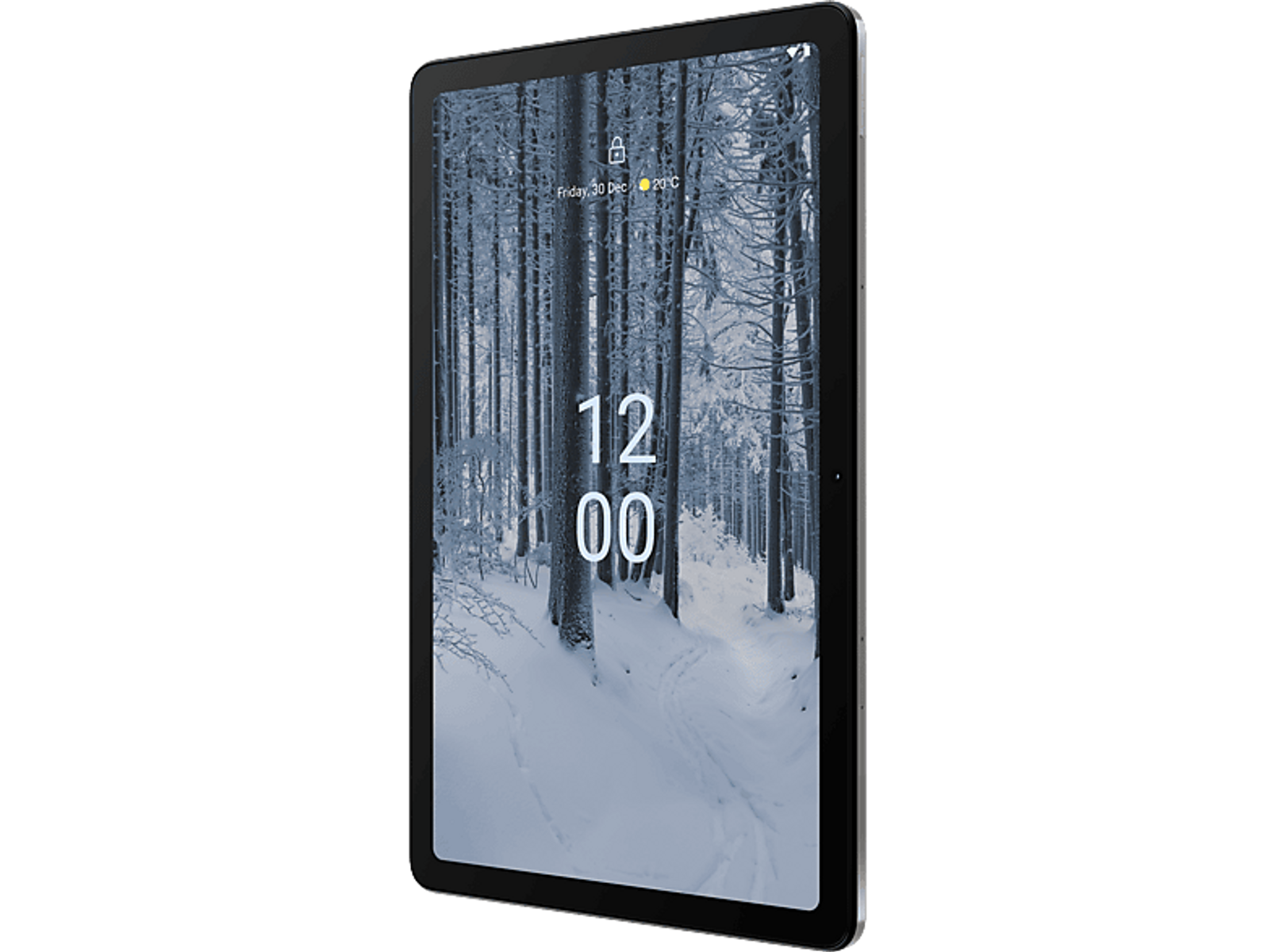 Tablet mit einer schneebedeckten Waldszene auf dem Bildschirm. Die Uhrzeit ist 12:00 Uhr und es ist Freitag.