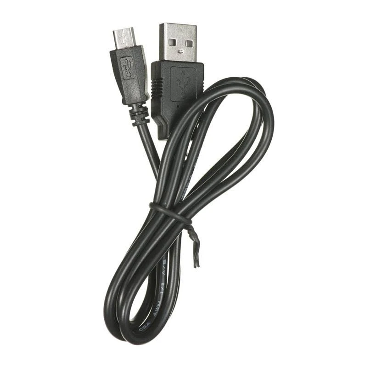 Schwarzes USB-Kabel mit USB-A- und Micro-USB-Anschlüssen auf weißem Hintergrund.
