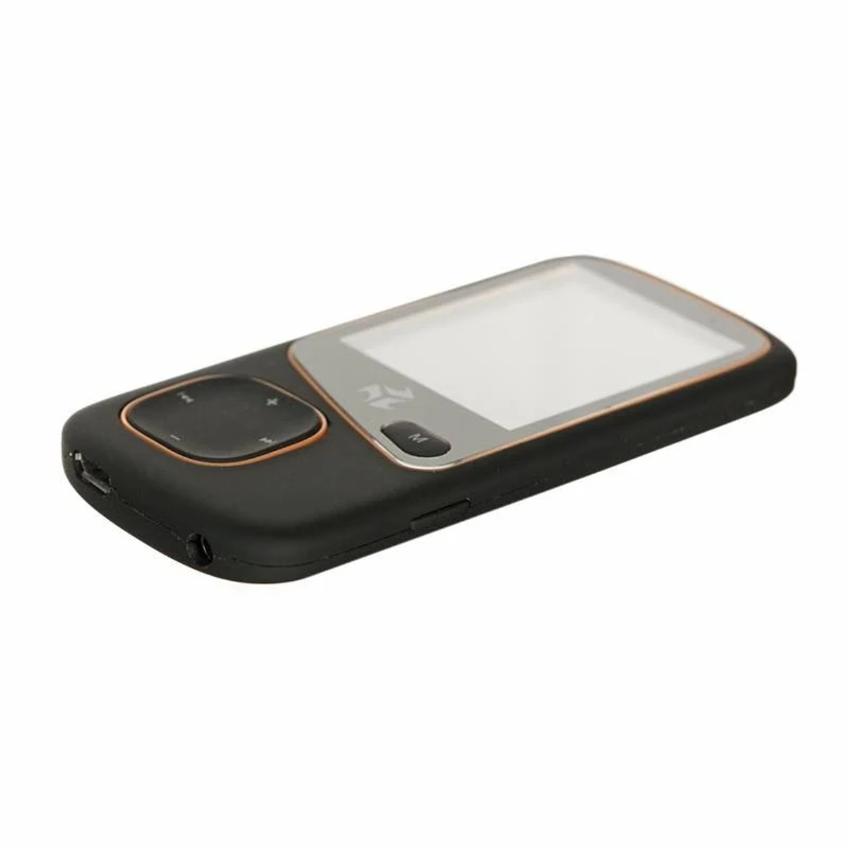Schwarzer und silberner MP3-Player. Er hat einen Bildschirm, Tasten und einen Kopfhöreranschluss.