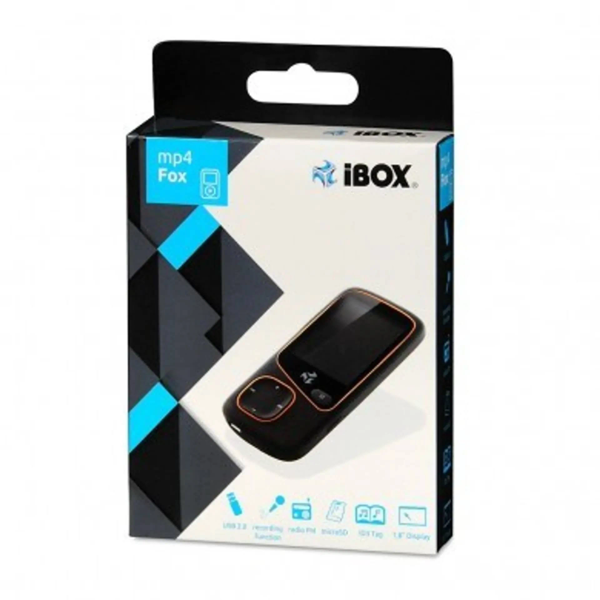 Ein schwarz-oranger MP4-Player in einer Box. Die Box hat ein schwarz-blaues Design.