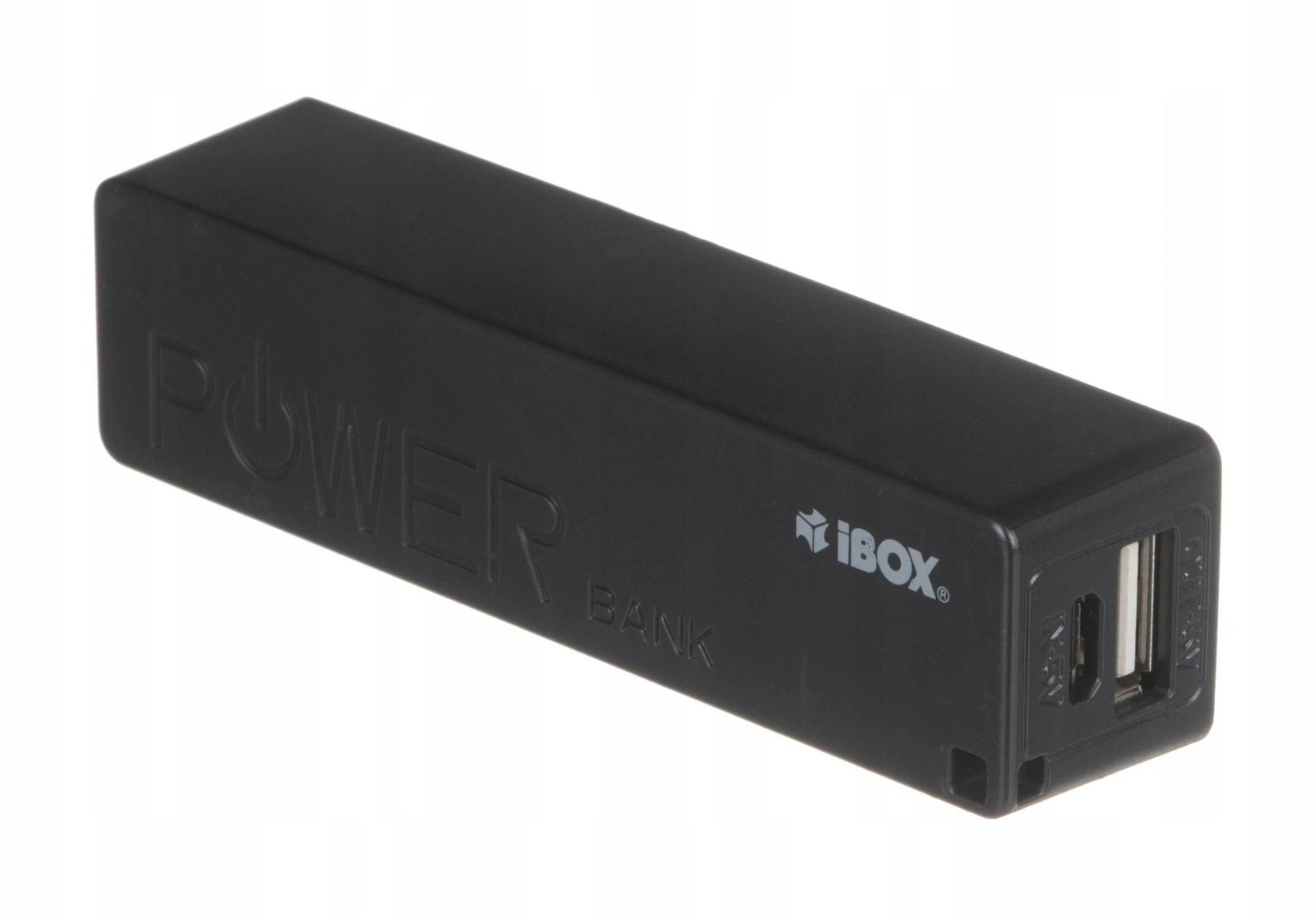 Schwarze Powerbank mit dem Wort "POWER BANK" und dem iBox-Logo auf weißem Grund.