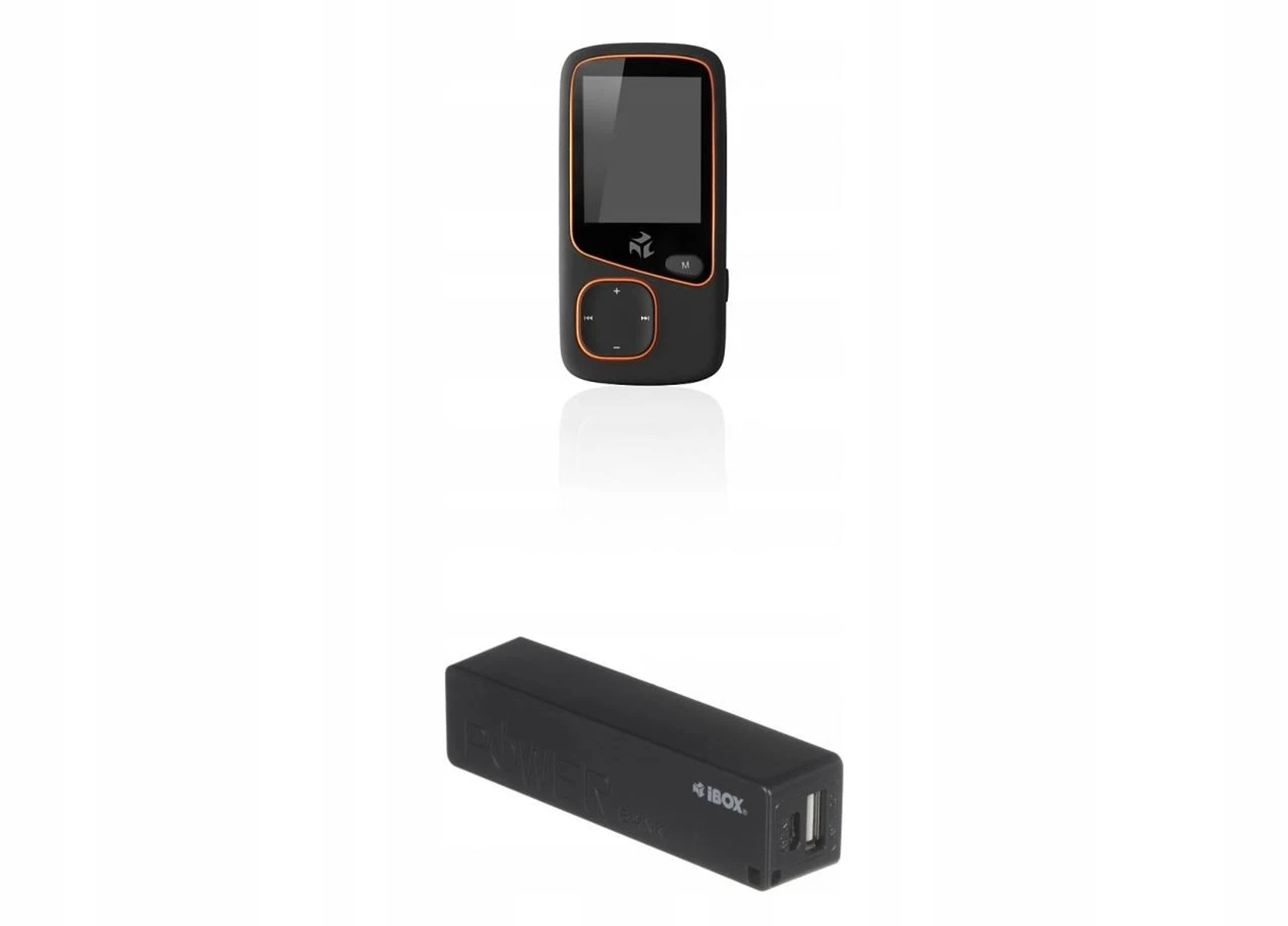 Schwarzer MP3-Player und schwarze Powerbank. Orange Akzente auf dem MP3-Player. Weißer Hintergrund.
