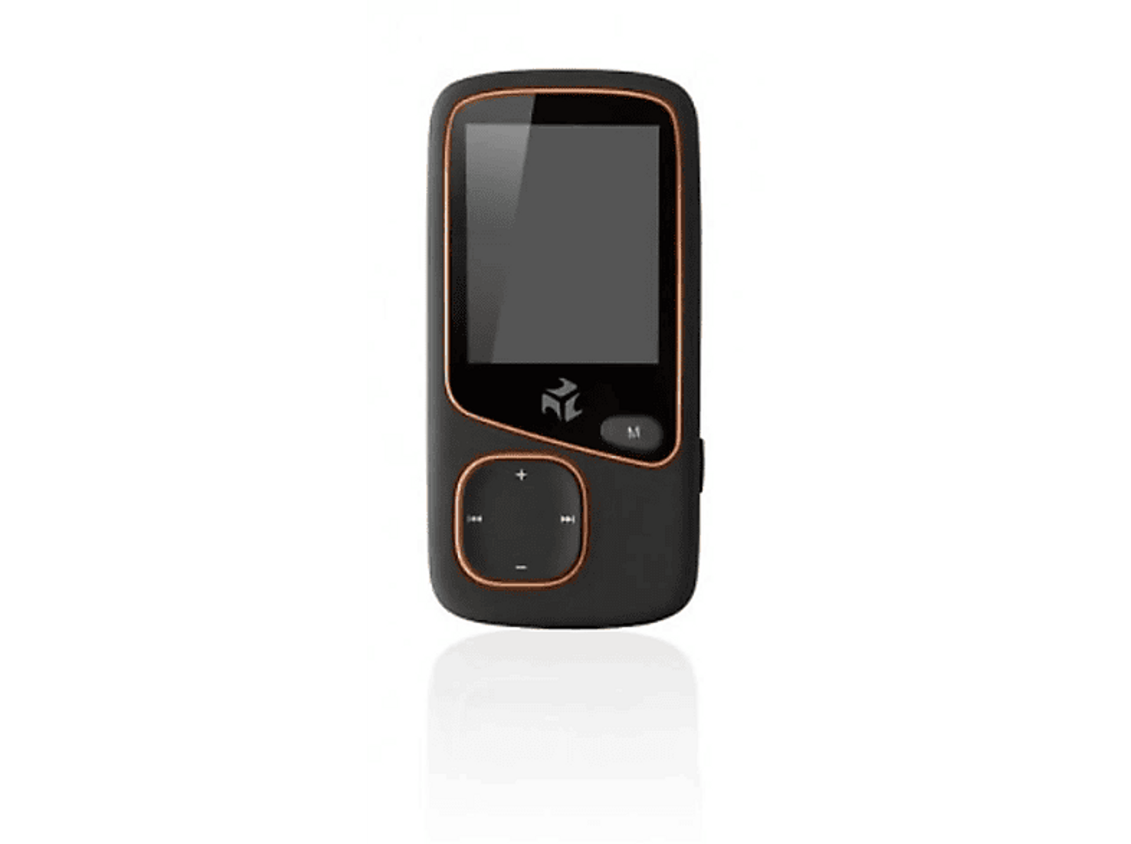 Schwarzer MP3-Player mit orangen Akzenten. Kleiner Bildschirm, Tasten.