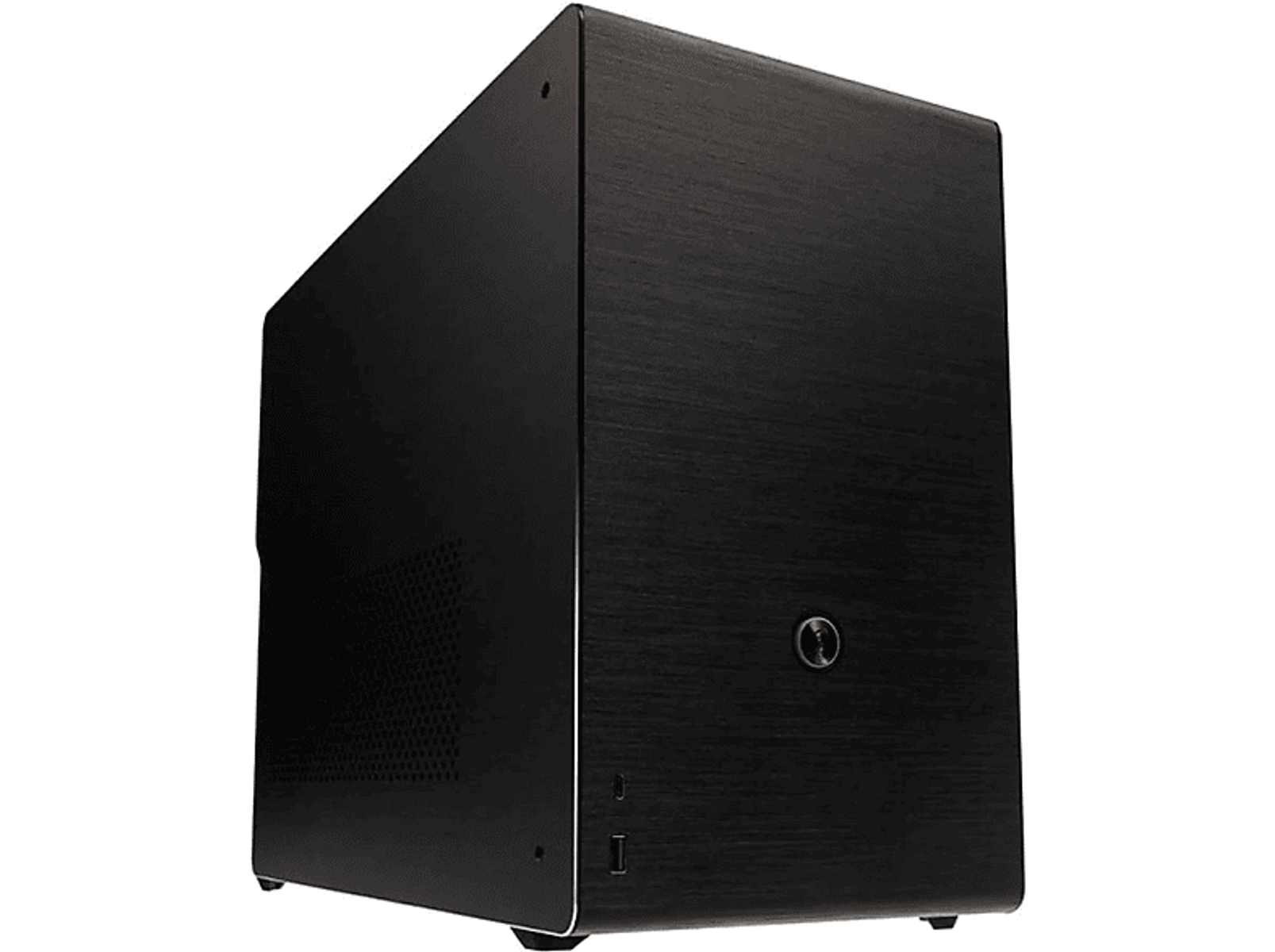 Czarna obudowa komputera, mała i kwadratowa.