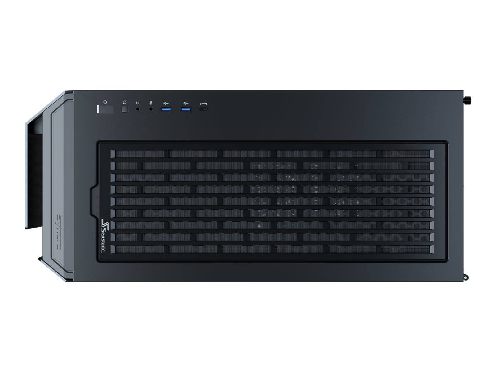 Ein schwarzes Computergehäuse, Draufsicht. Die Frontplatte hat ein Mesh-Design.