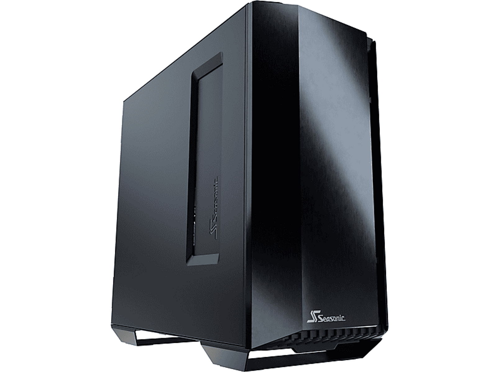 Schwarzes Computergehäuse mit Sensonic-Logo und abgewinkeltem Design. Das Gehäuse befindet sich auf weißem Hintergrund.