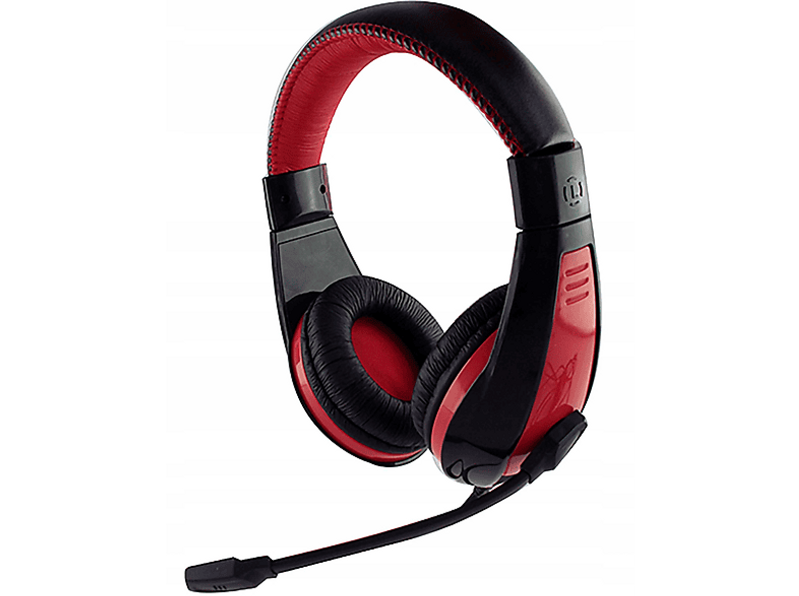 Red and black gaming headset with a microphone. The earcups are red and black.