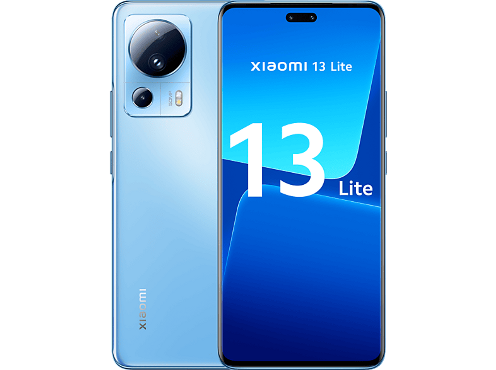 Jasnoniebieski telefon z dwoma aparatami i ekranem wyświetlającym tekst, z białym tłem.