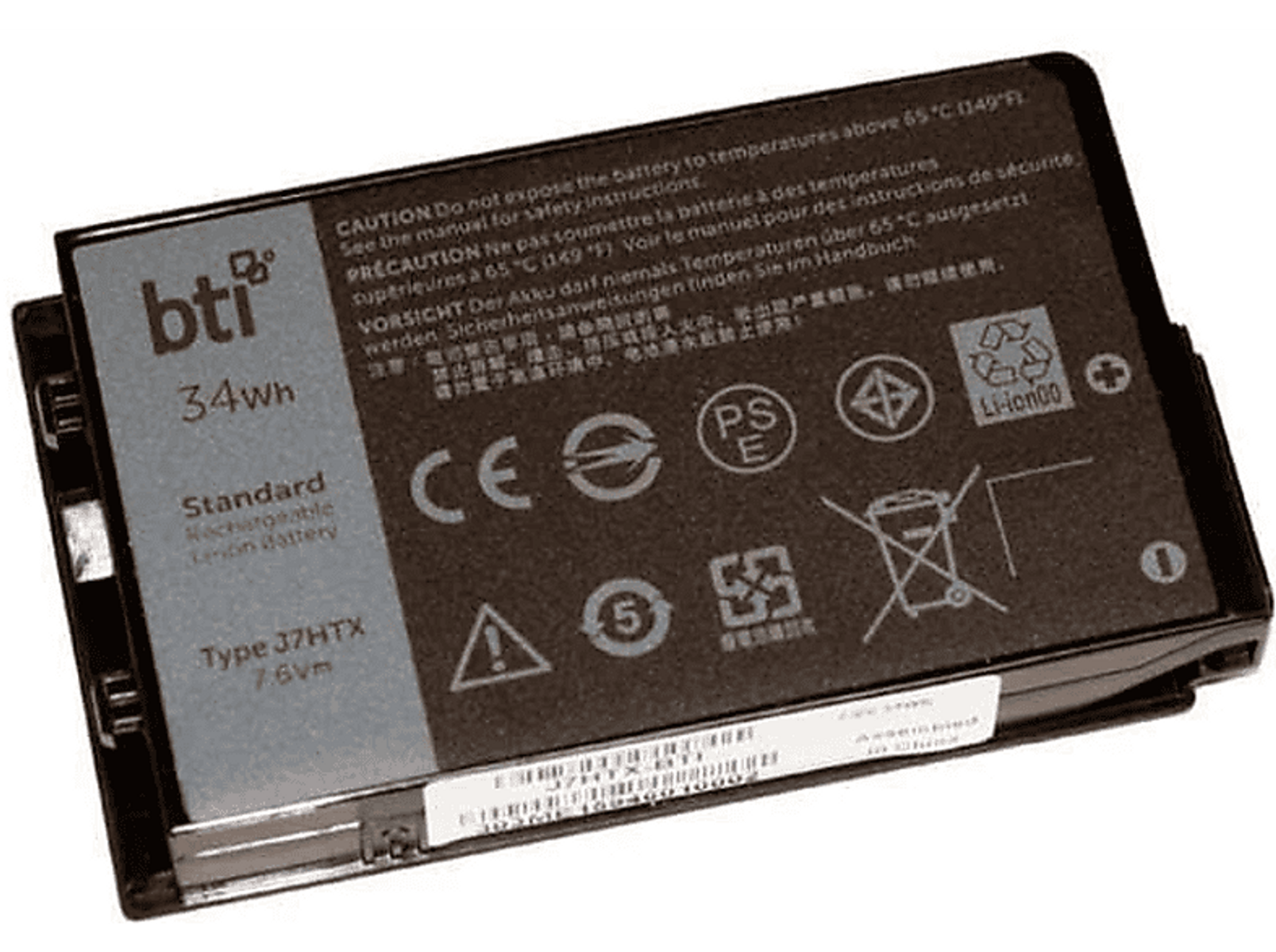 Eine schwarze und graue Batterie mit Warnhinweisen und einem weißen Etikett mit den Batteriespezifikationen.