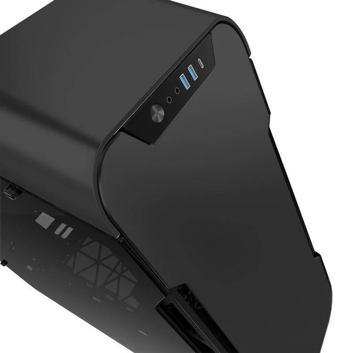 Case PC nero, vista angolata. La parte superiore ha pulsante di accensione e porte USB. Pannello laterale in vetro.