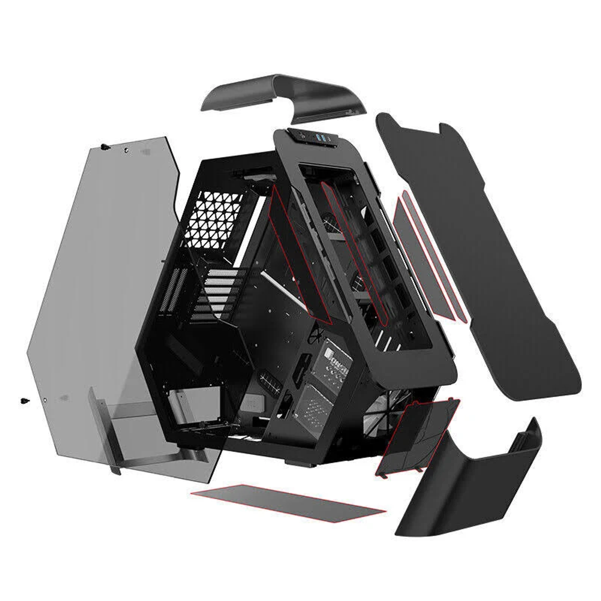 Case per computer smontato, che mostra vari componenti e pannelli.