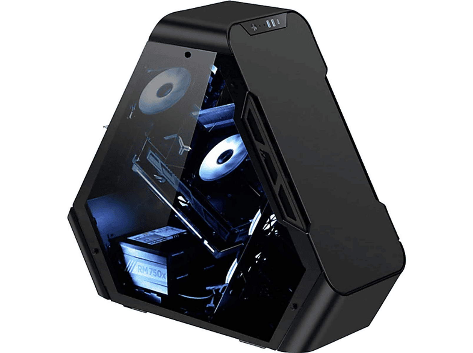 Un case per PC nero con pannello laterale in vetro, che mostra i componenti interni. Le ventole sono visibili.