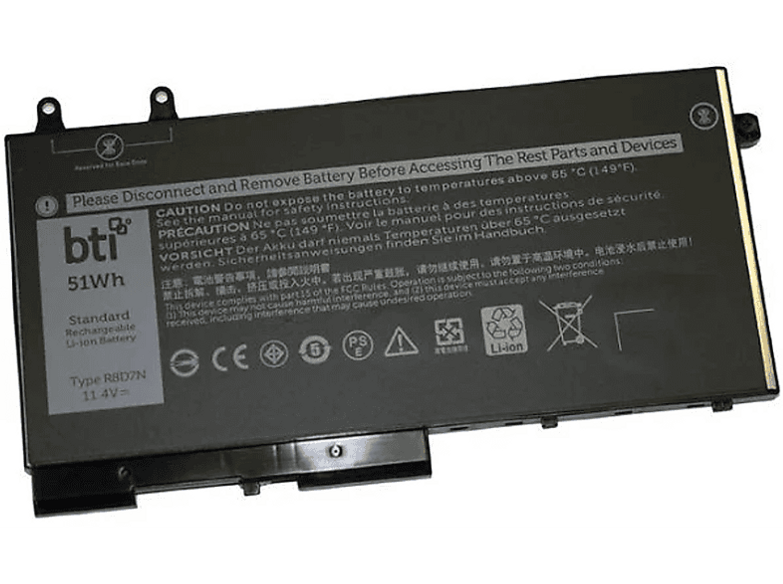 Una batteria per laptop con etichette. È grigio scuro. Sfondo bianco.