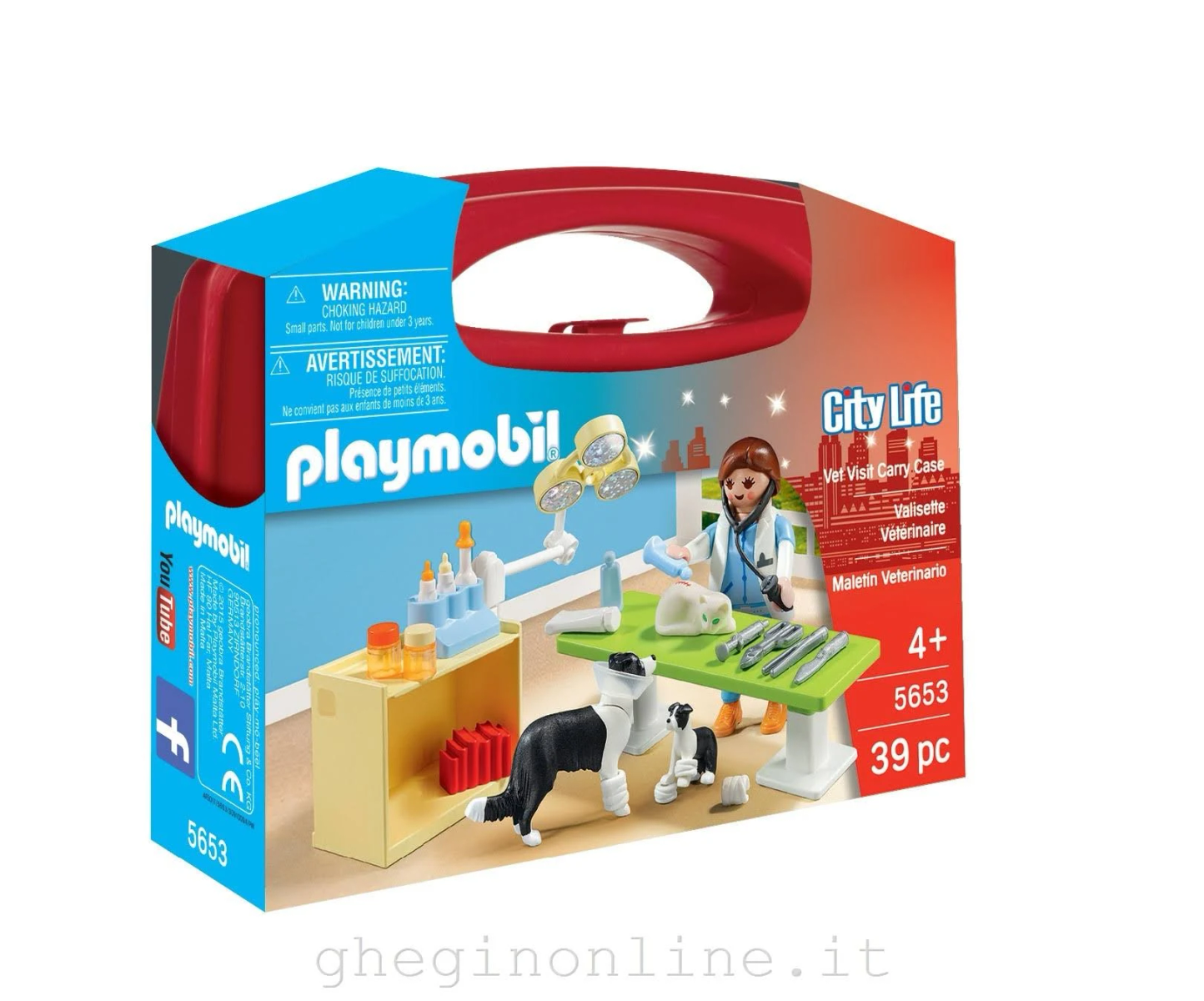 Set clinica veterinaria Playmobil con veterinario, animali, strumenti e tavolo.