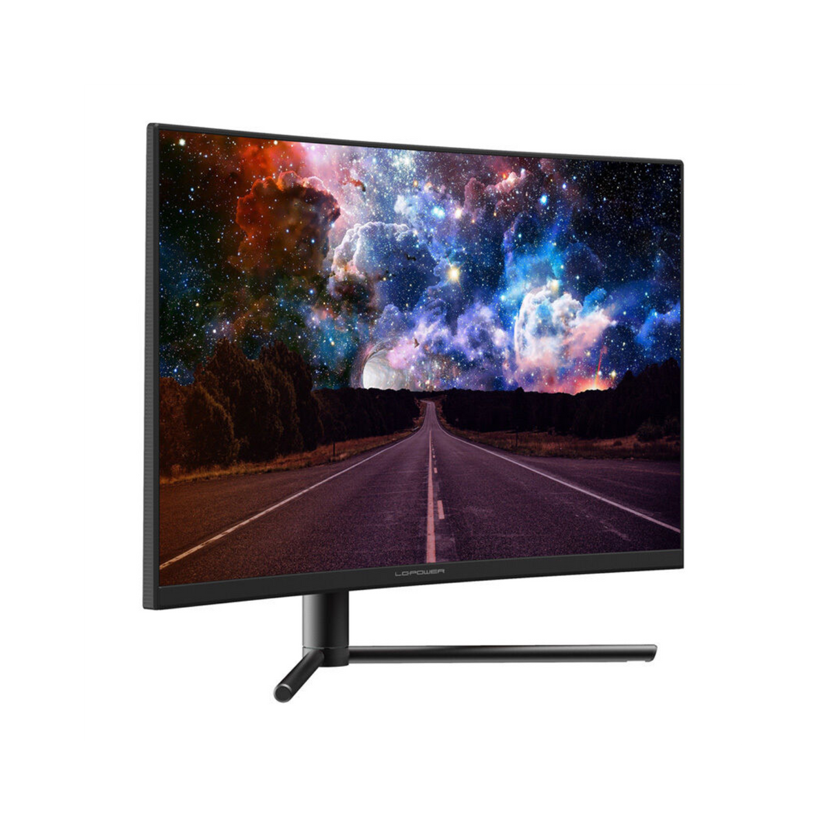 Monitor z drogą przez scenę nocnego nieba. Stojak i ramka są czarne.