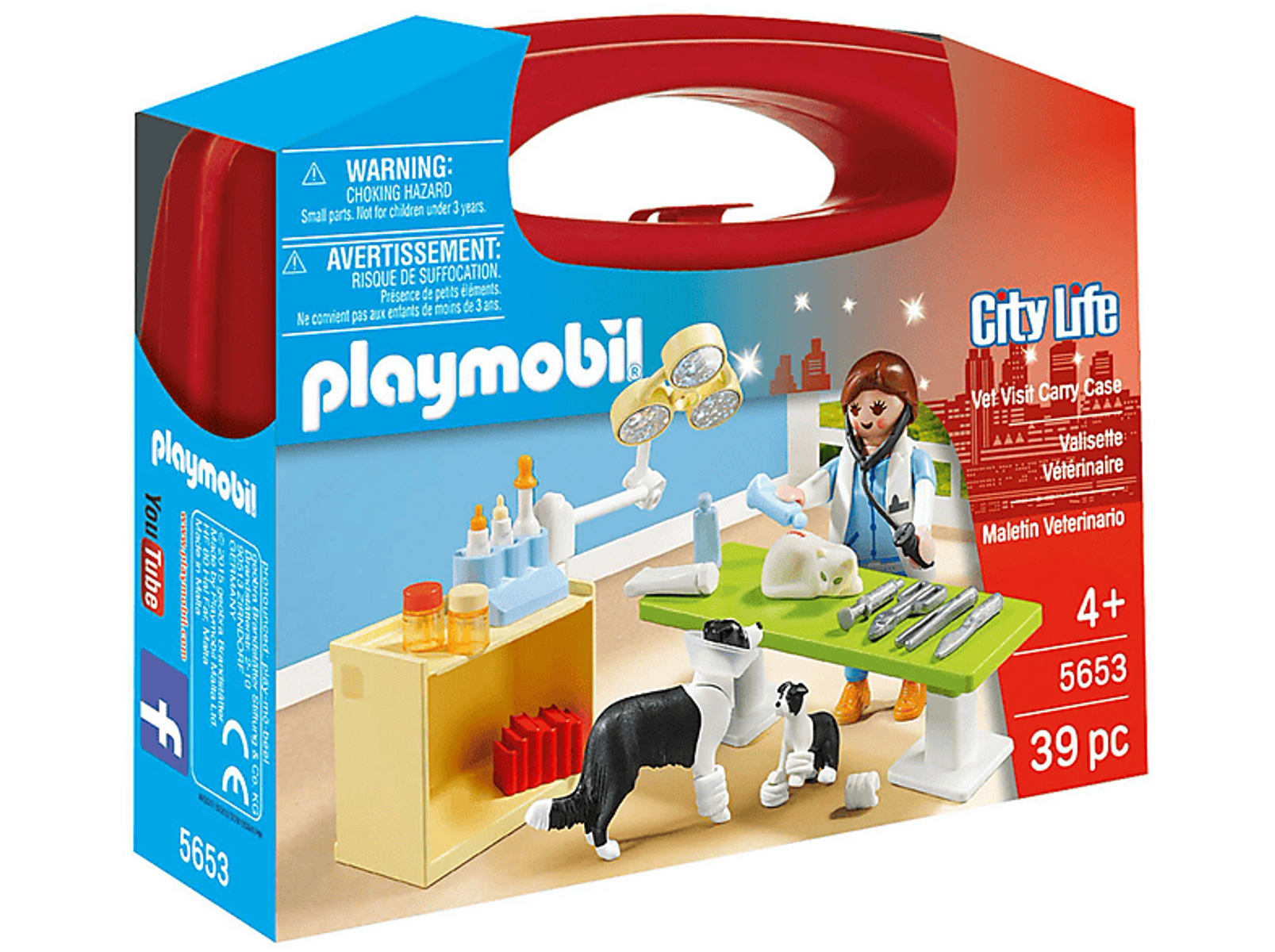 Set valigetta veterinaria Playmobil. Veterinario, cane, strumenti e tavolo visibili.
