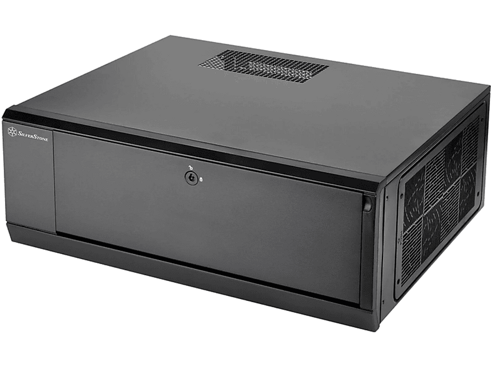 Czarna obudowa serwera rackmount Silverstone z panelem przednim, wentylacją i zamkiem.
