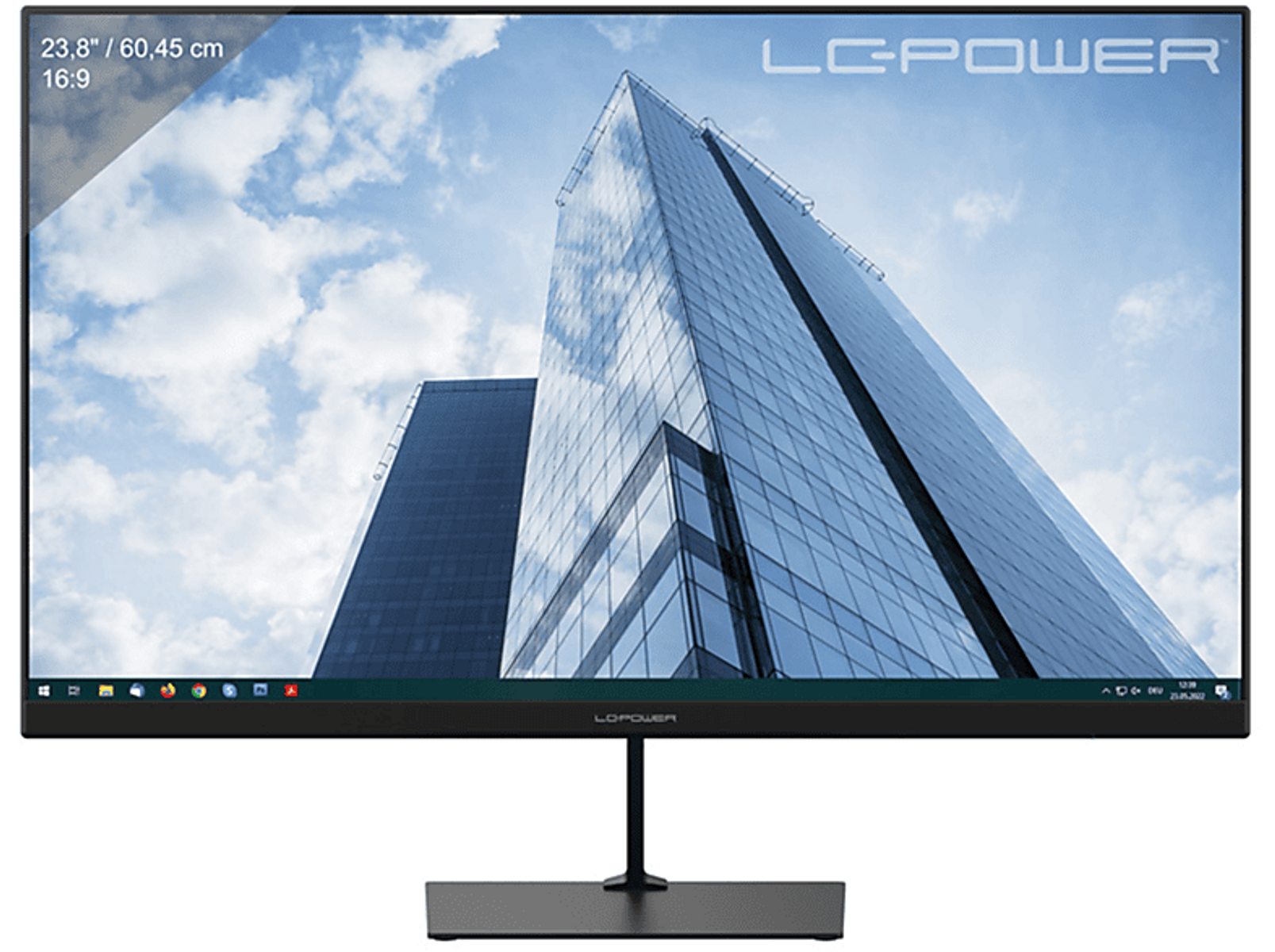 Monitor LG Power mostrando imagen de rascacielos, cielo nublado, base negra.