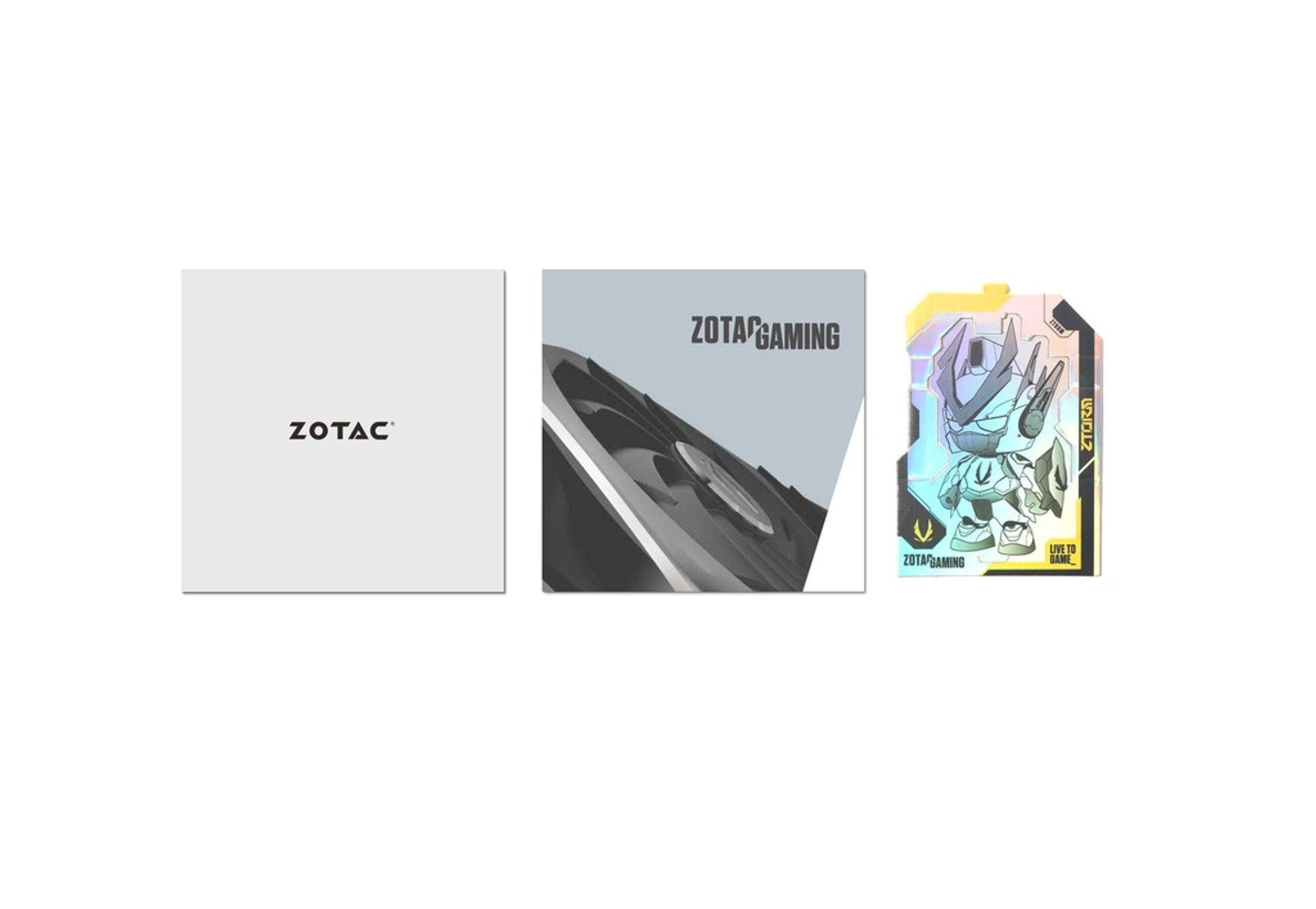 Accessori per scheda grafica ZOTAC gaming. Include scatola, scheda e carta gioco con robot.
