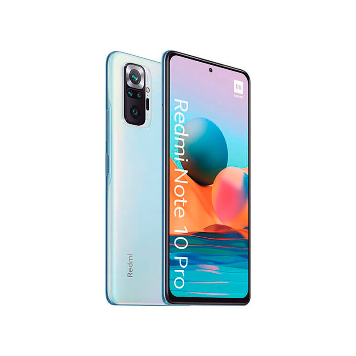 Niebiesko-czarny smartfon z dwoma aparatami z tyłu. Tekst Redmi Note 10 Pro.