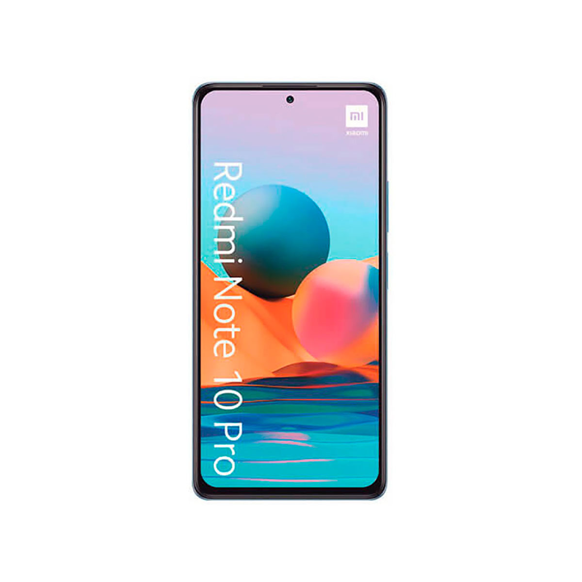 Smartfon z napisem 'Redmi Note 10 Pro' na ekranie oraz niebieskim i różowym tłem.