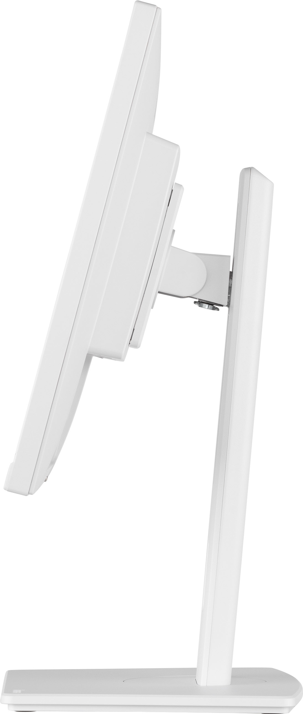 Vista laterale di monitor per computer bianco, con supporto. Schermo angolato, su sfondo bianco.