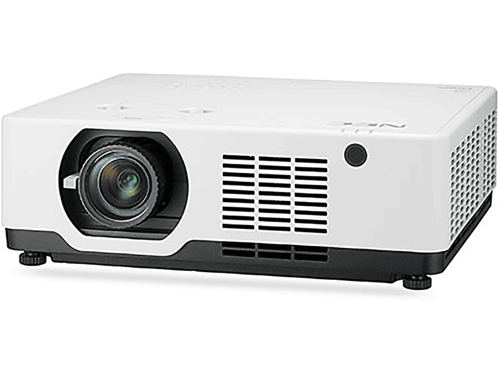 Biały projektor z obiektywem, otworami wentylacyjnymi i czarną podstawą. Z przodu obiektyw i otwory wentylacyjne.