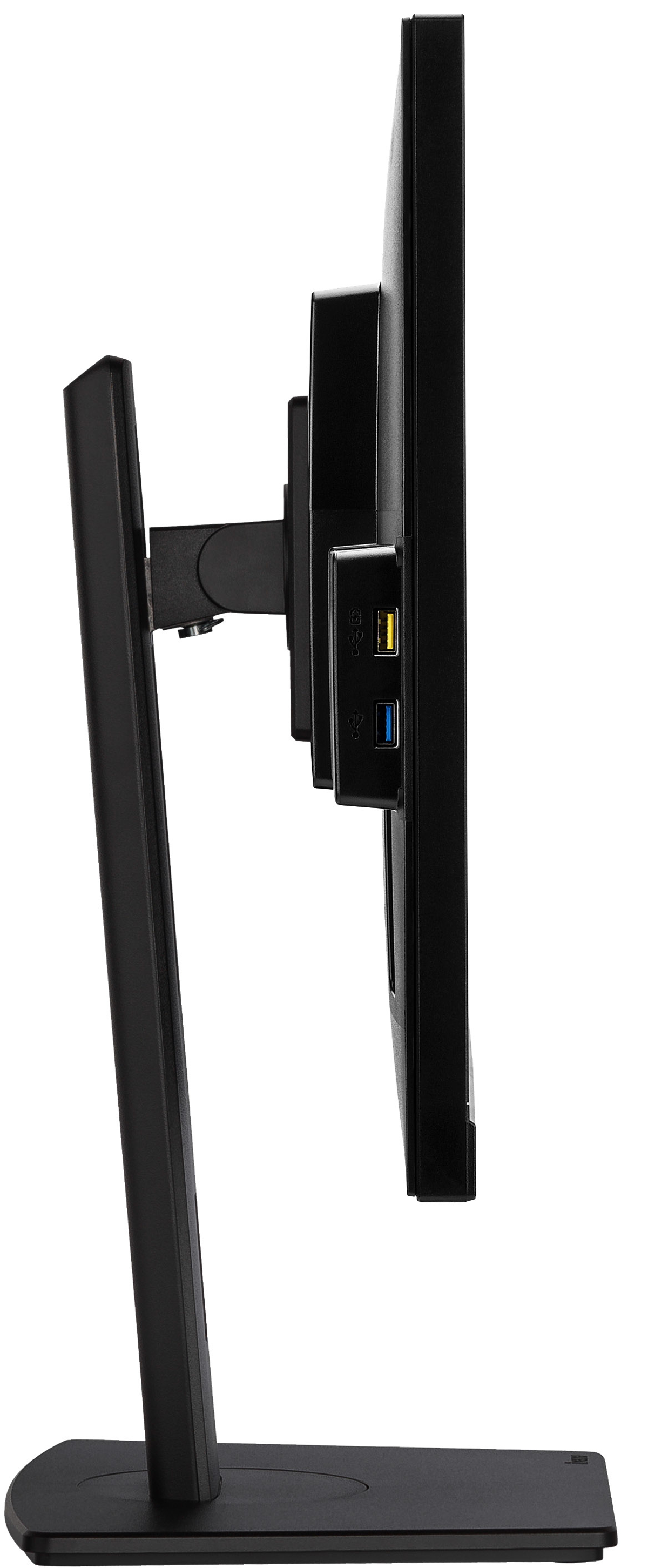 Vista laterale di un monitor per computer nero con supporto e porte USB.