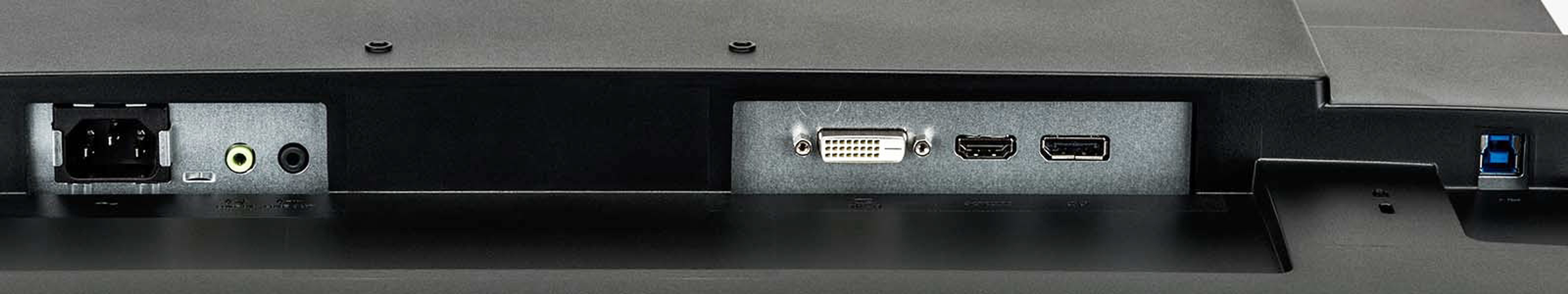 Pannello posteriore di un monitor con ingresso alimentazione, jack audio, porte DVI, HDMI, USB.