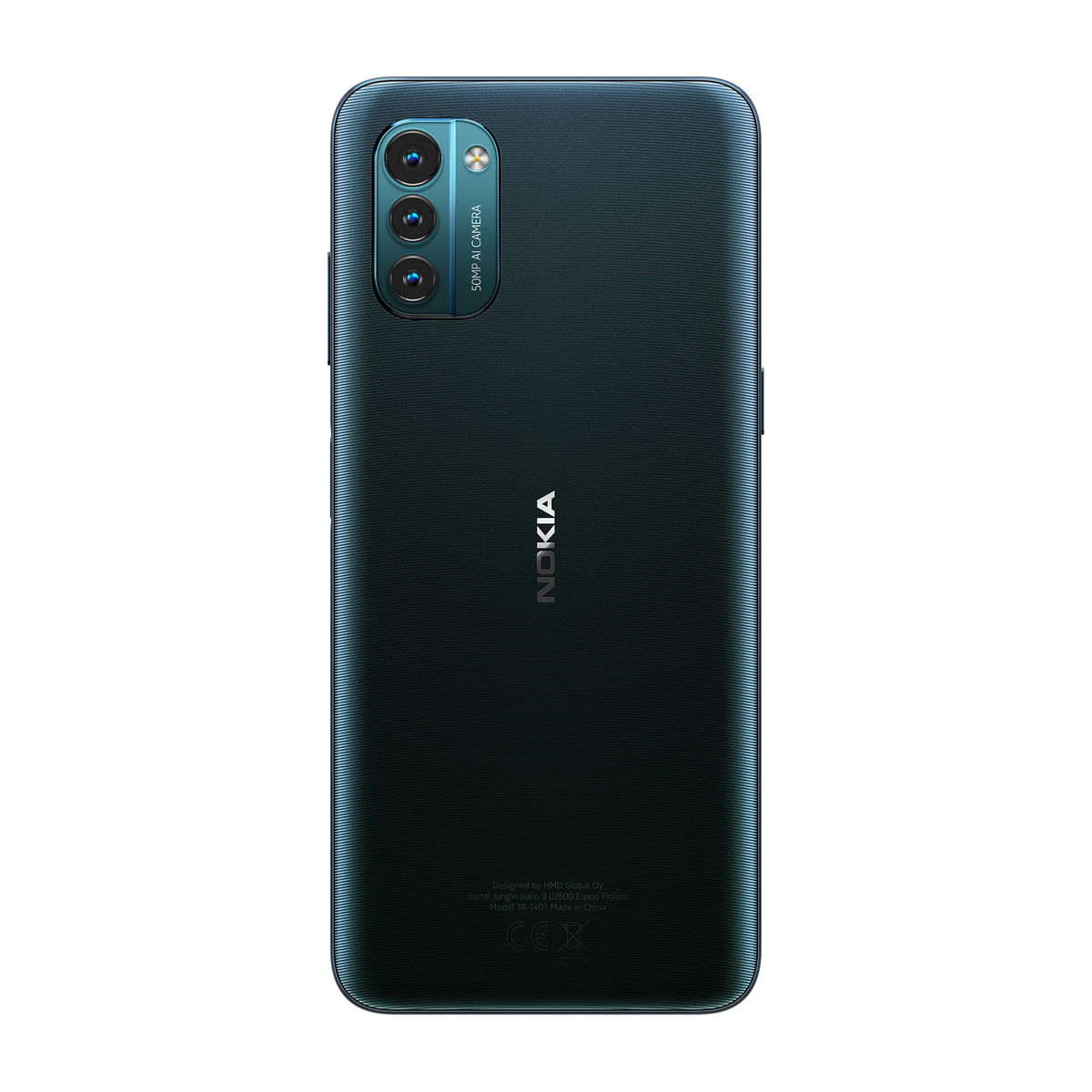 Rückseite des Nokia-Smartphones. Dunkelblaue Farbe mit strukturierter Oberfläche und Dreifachkamera.