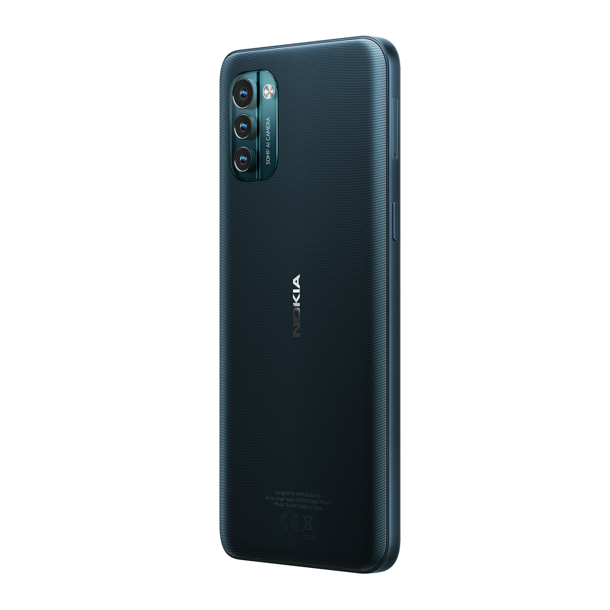 Schwarzes Nokia-Telefon. Rückansicht mit drei Kameras und einem Nokia-Logo. Dunkeltürkise Farbe.