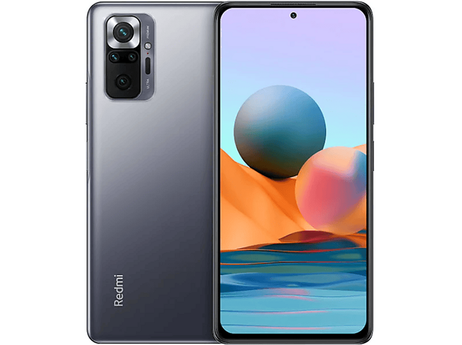 Szary smartfon z modułem aparatu z tyłu i ekranem wyświetlającym obraz.