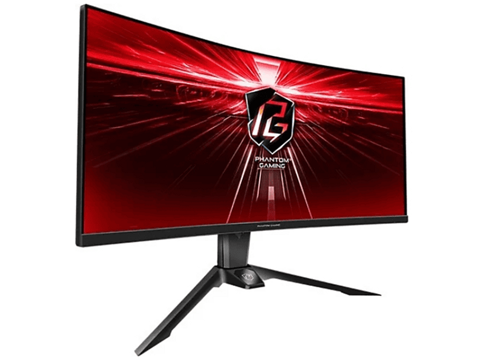 Monitor curvo per gaming. Design rosso e nero. Lo schermo mostra un logo e grafica rossa.