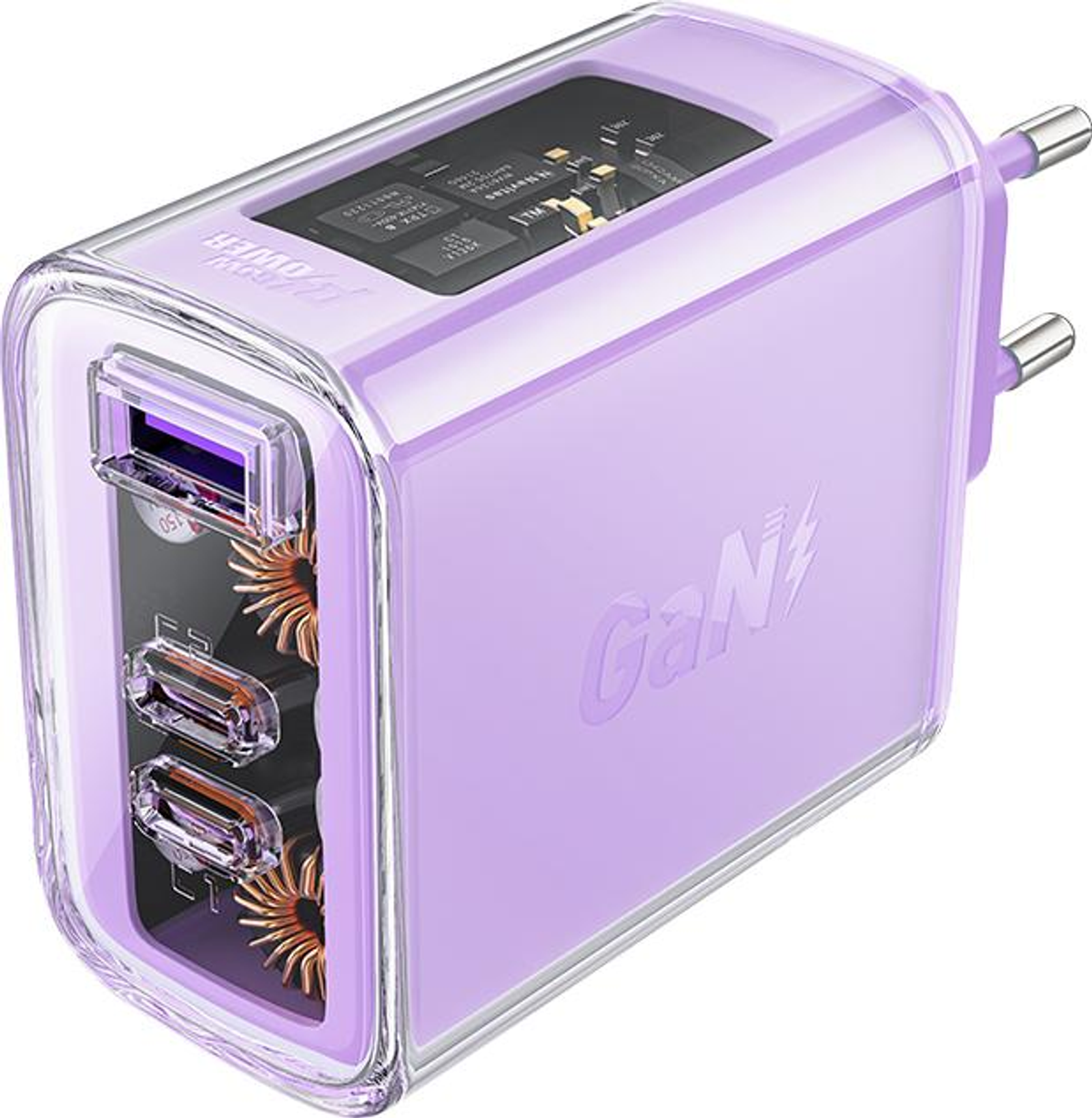 Ein lila Ladeadapter mit USB-Anschlüssen und GaN-Logo auf weißem Hintergrund.
