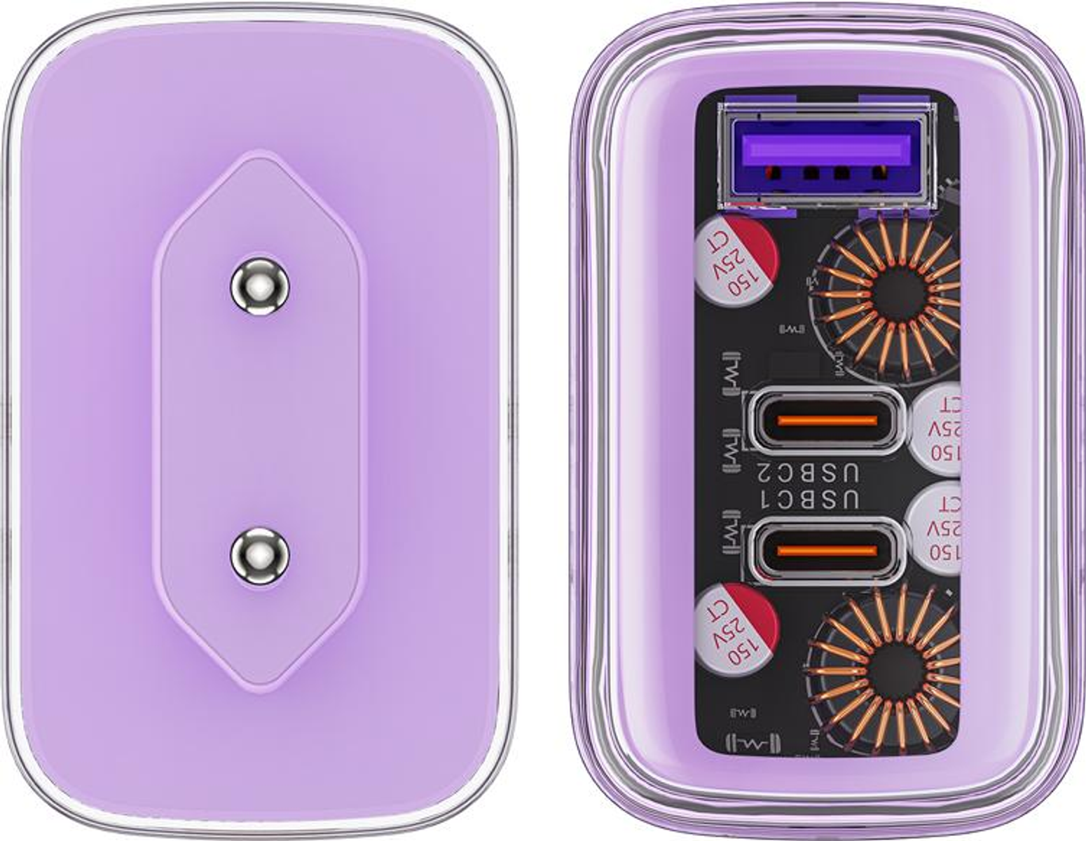 Ein lila Ladegerät mit zwei USB-Anschlüssen und einem Stecker. Transparente Abdeckung.