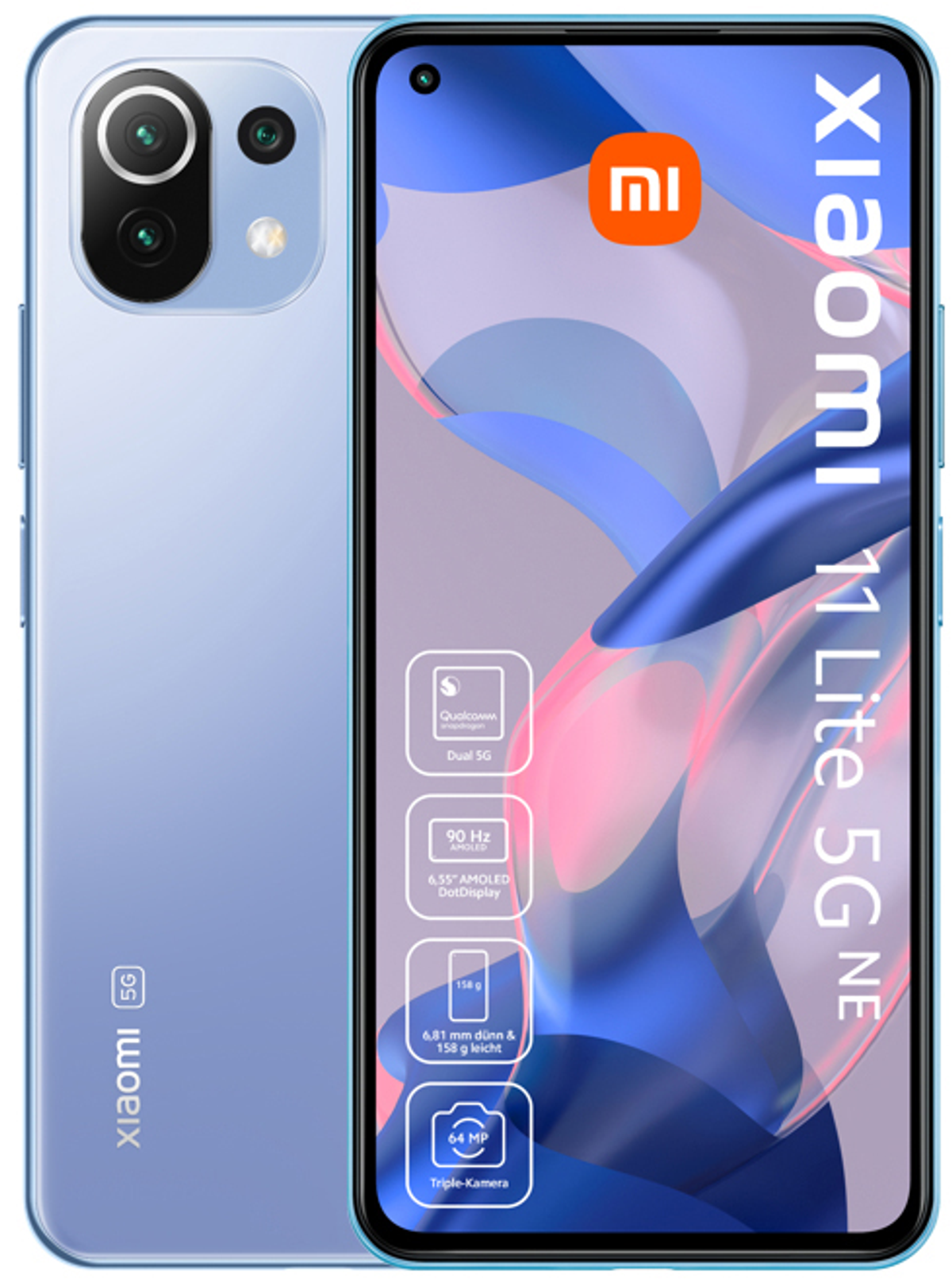 Niebieski i jasnoniebieski smartfon Xiaomi 11 Lite 5G NE, pokazujący tył i przód.
