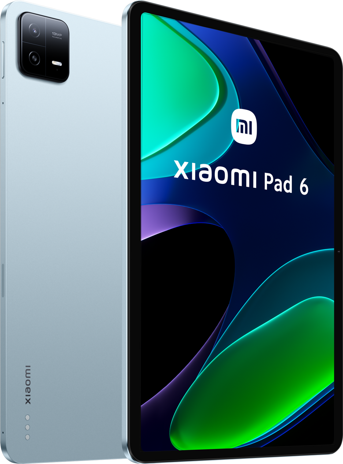 Xiaomi Pad 6 Tablet mit blauem Rücken und Bildschirm mit buntem, abstraktem Design.