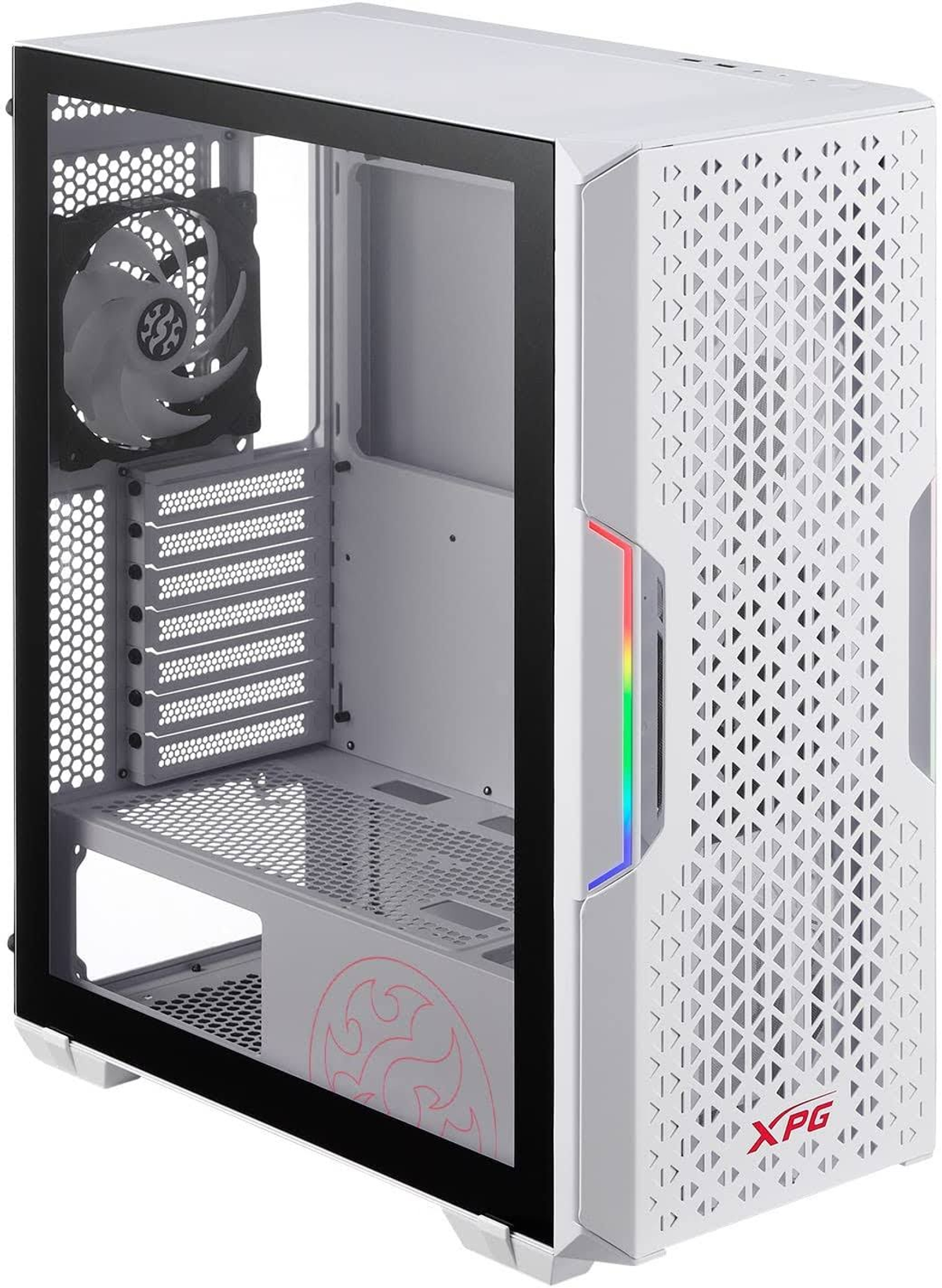 Case per computer bianco con pannello laterale in vetro. Ha una ventola e un design di colore rosso sul fondo.