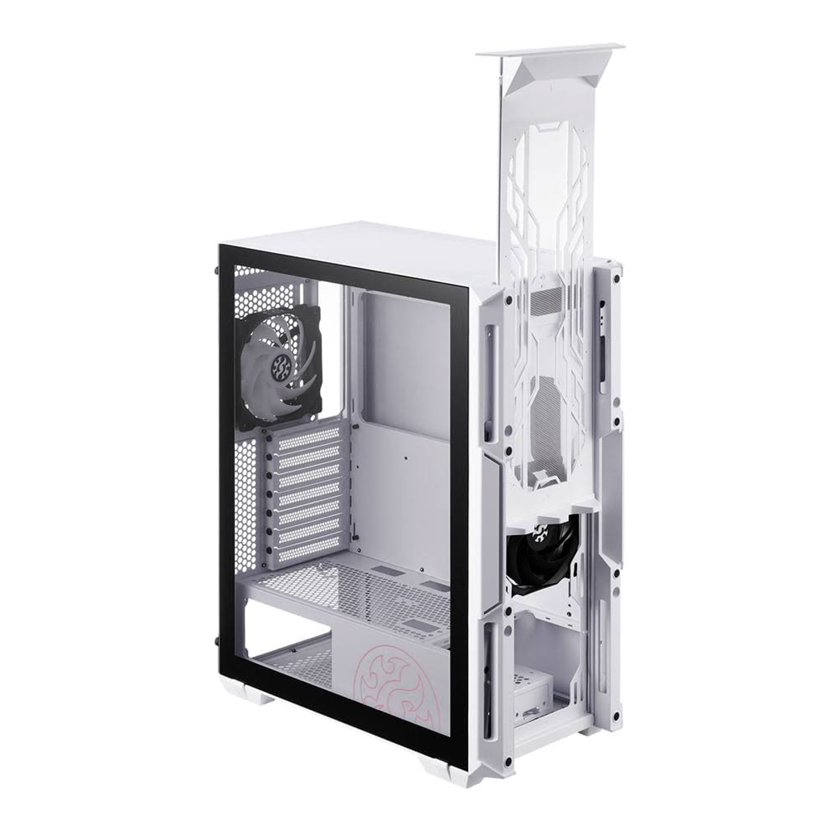 Case PC bianco con lato in vetro. Ventola e componenti interni visibili. Parte posteriore aperta.