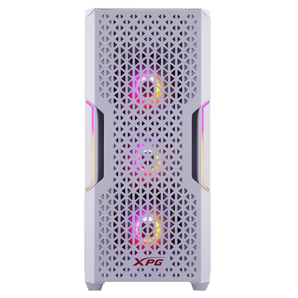 Case per computer bianco con pannello frontale a rete e illuminazione RGB all'interno.