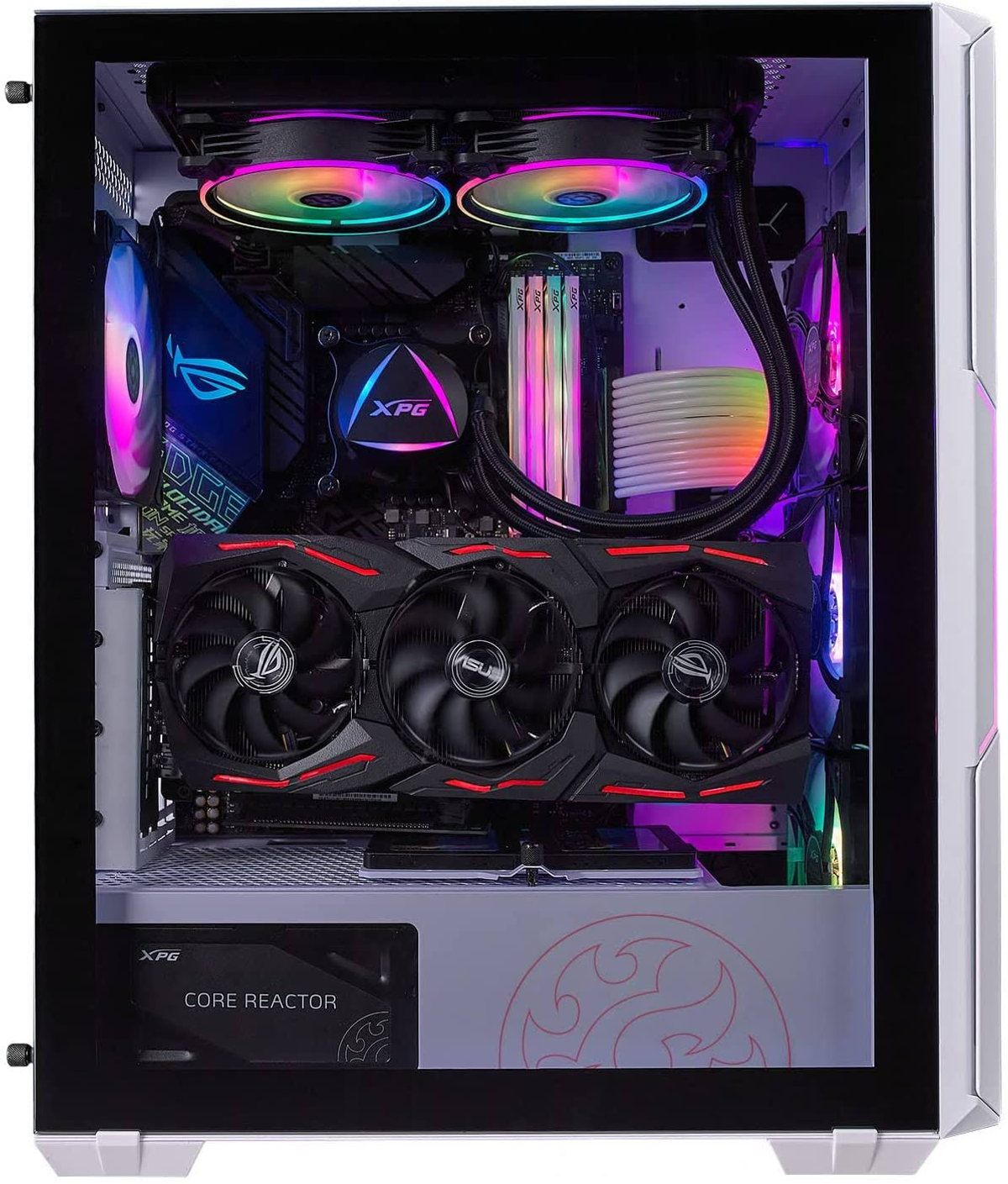 Interno di un case per PC con componenti e illuminazione RGB.