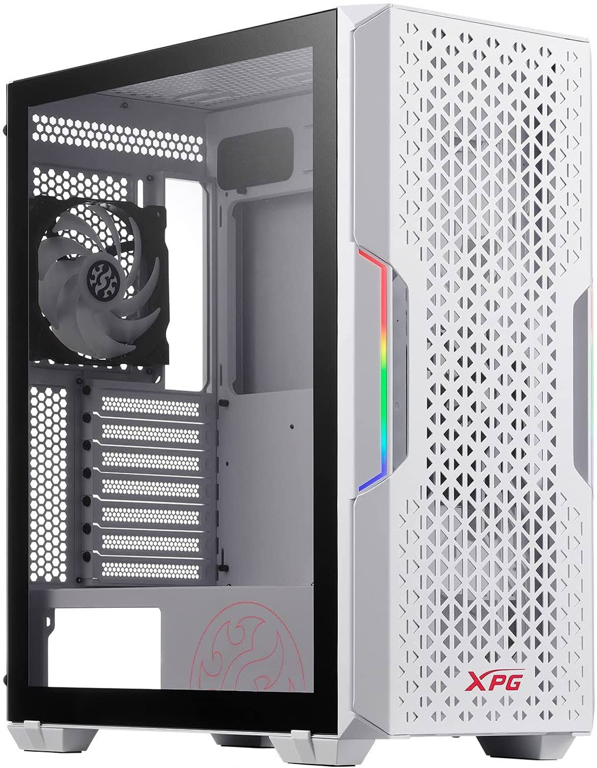 Case per computer bianco con pannello laterale. Ha ventola e pannello frontale perforato.
