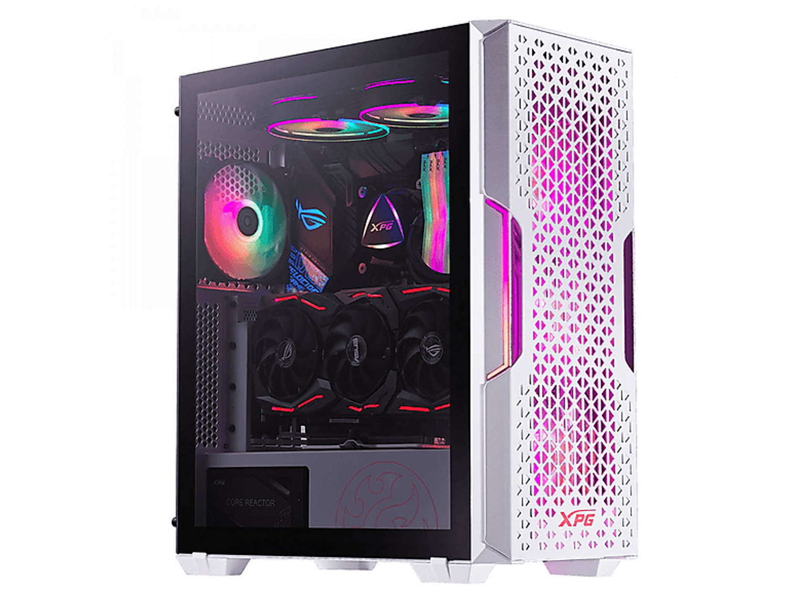 Un case per computer bianco con un lato trasparente, che mostra i componenti interni illuminati con luci RGB.