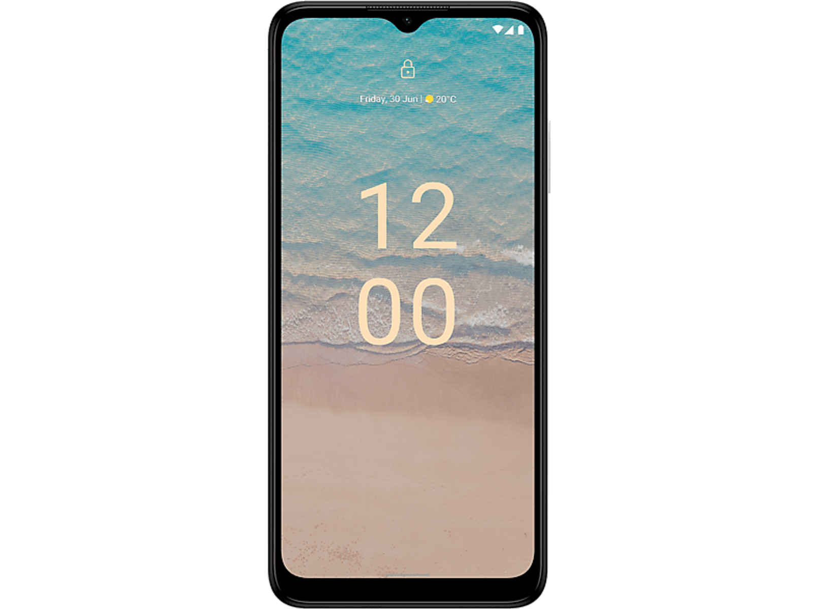 Telefon Nokia wyświetlający godzinę 12:00 na ekranie. Tło plaży i oceanu.