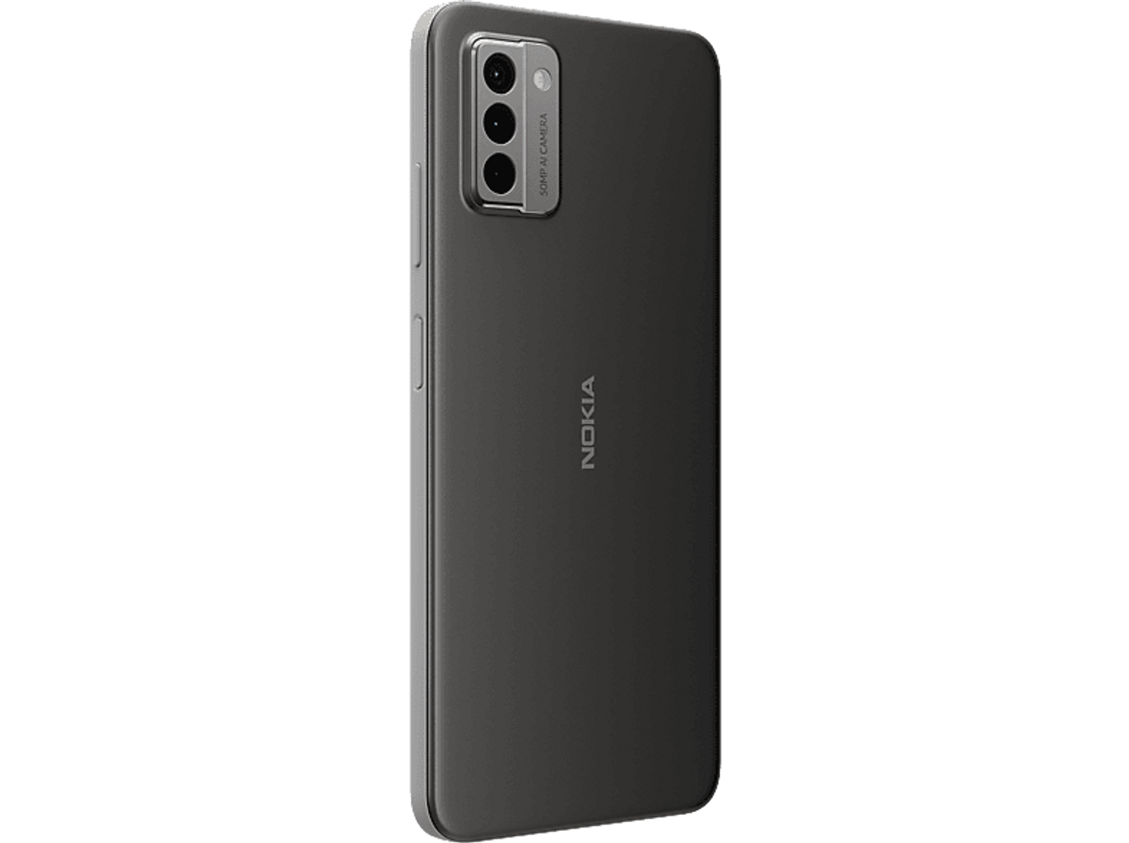 Szary smartfon Nokia z modułem aparatu z tyłu. Telefon jest na czarnym tle.